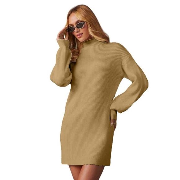 VICI Anastasia Sweater Dress Long Sleeve Mock Neck Ribbed Knit Mini Tan NWT M - Picture 1 of 8